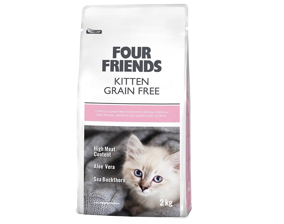 Framsidan av Four Friends Kitten Grain Free 2 kg, ett torrfoder för kattungar.