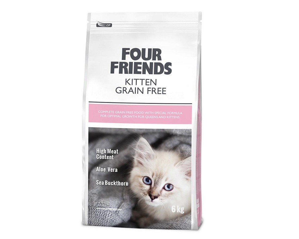Framsidan av Four Friends Kitten Grain Free 6 kg, ett torrfoder för kattungar.