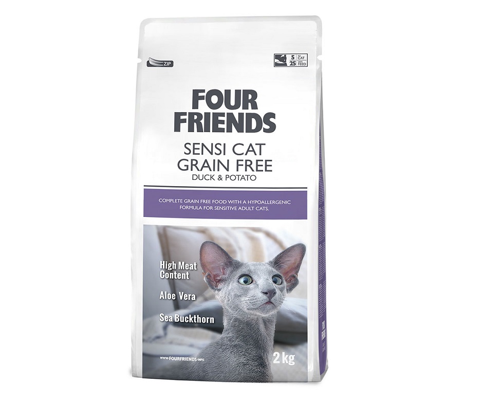 Framsidan av Four Friends Sensi 2kg, ett spannmålsfritt torrfoder för katter.