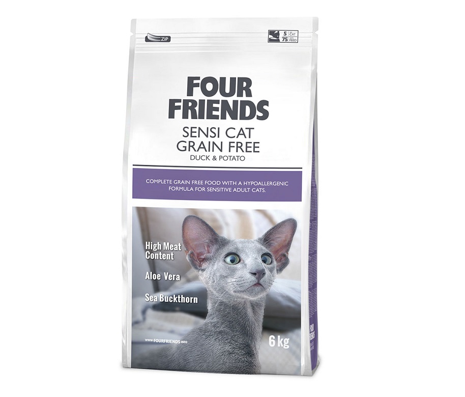 Framsidan av Four Friends Sensi Cat 6 kg, ett spannmålsfritt torrfoder för katter.