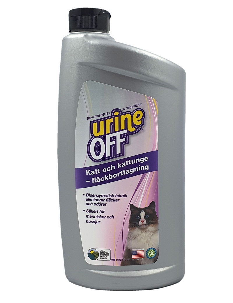 Framsidan av Urine Off Katt, ett rengöringsmedel för att ta bort kattkiss.