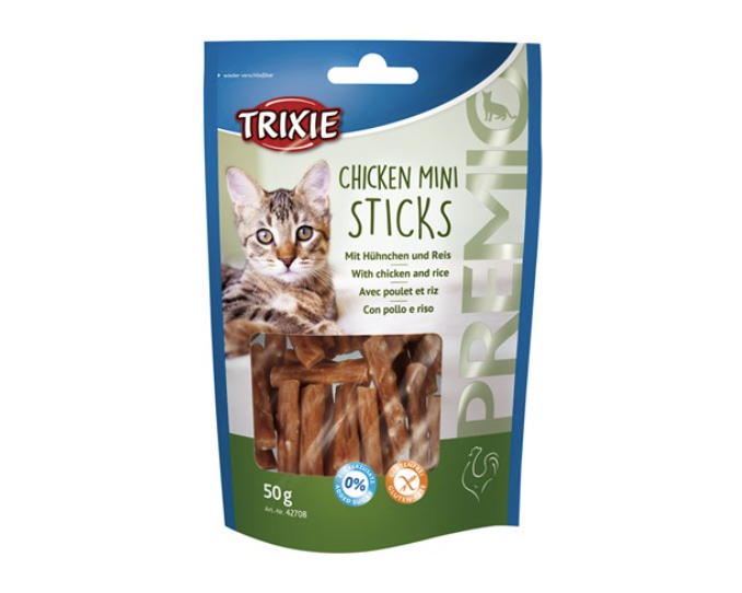 Framsidan av PREMIO Mini Sticks, ett kattgodis i form av sticks som katter älskar.