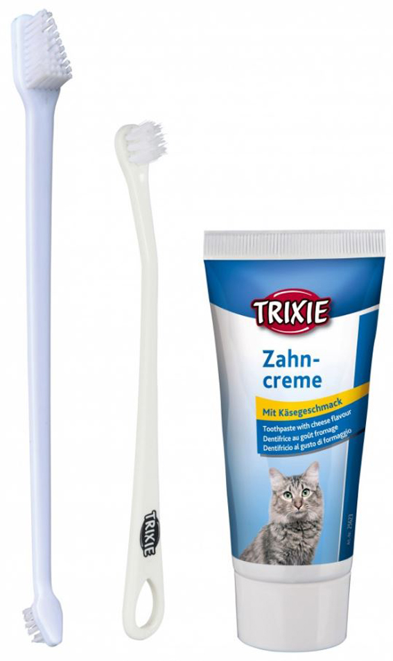Trixies tandvårdspaket innehåller både tandborstar och tandkräm till katter.
