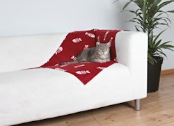 Filt Katt - Röd fleece med fiskbensmönster  - 100x70 cm