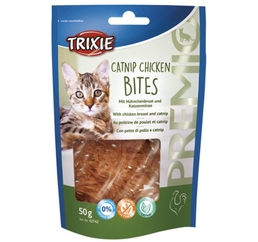 Framsidan av PREMIO Catnip Chicken Bites, ett utsökt kattgodis med kattmynta från Trixie.