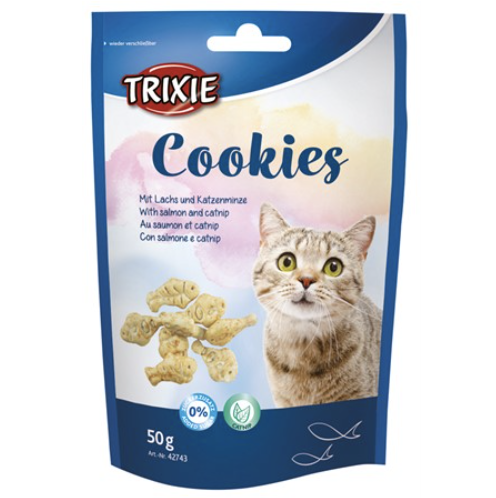 Framsidan av Trixie Cookies med lax och catnip, ett kattgodis med kattmynta.