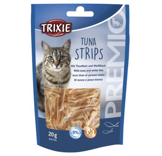 Framsidan av PREMIO Tuna Strips kattgodis.