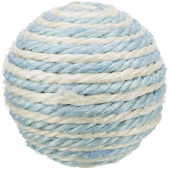 En ljusblå kattboll i sisalmaterial.