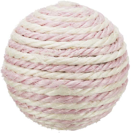 En rosa boll som katter kan leka med. Gjord av sisal-material.