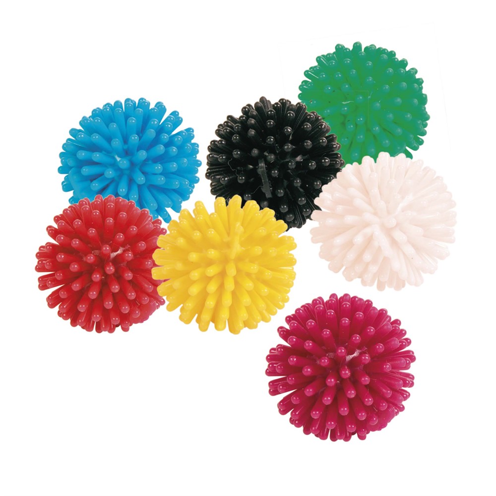 7 stycken olika igelkottbollar i olika färger.