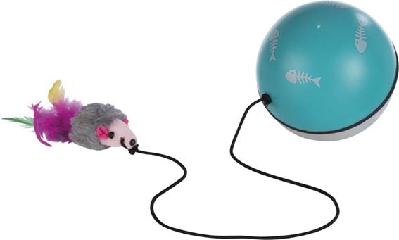 En turbinioboll med ett elastiskt band med en liten mus. Bollen är ljusblå och vit.