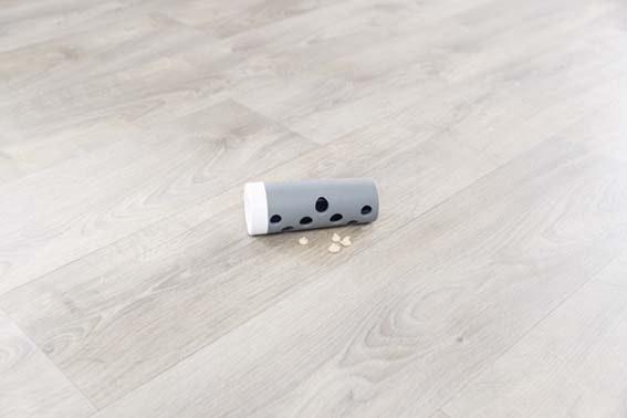 En grå och vit snackroll som ligger på golvet med lite godis framför.
