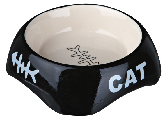 En svart kattmatskål med texten "cat" på sidan.