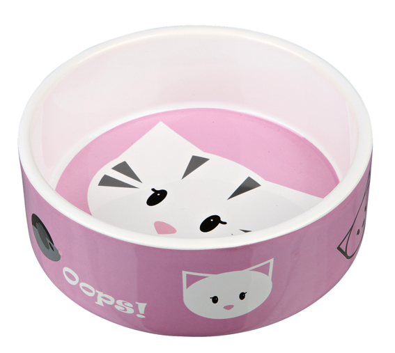 En liten rosa kattmatskål i keramik. Sidan är prydd med söta kattansikten, vilket även stämmer för insidan.
