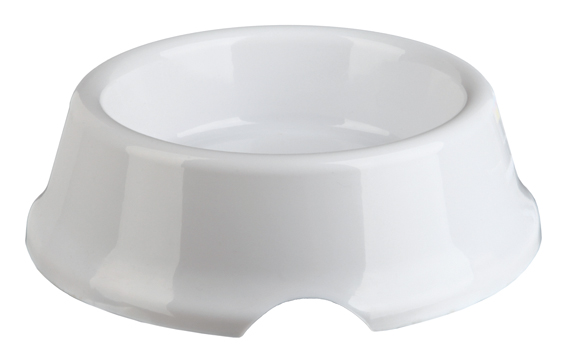 En rund, stor och vit matskål i plast.