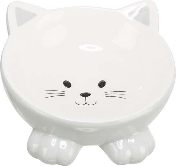 En vit upphöjd kattmatskål med ett motiv som föreställer en glad katt.