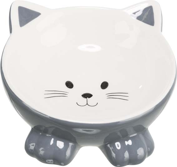 En grå ergonomisk kattmatskål med kattmotiv.