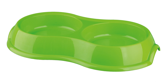 En grön dubbel matskål i plast.