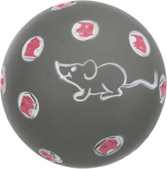 Grå aktivitetsboll för katt med en liten mus på framsidan.
