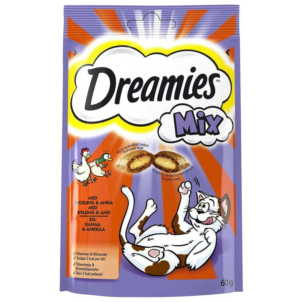 Framsidan av Dreamies mix med smak av kyckling och anka.
