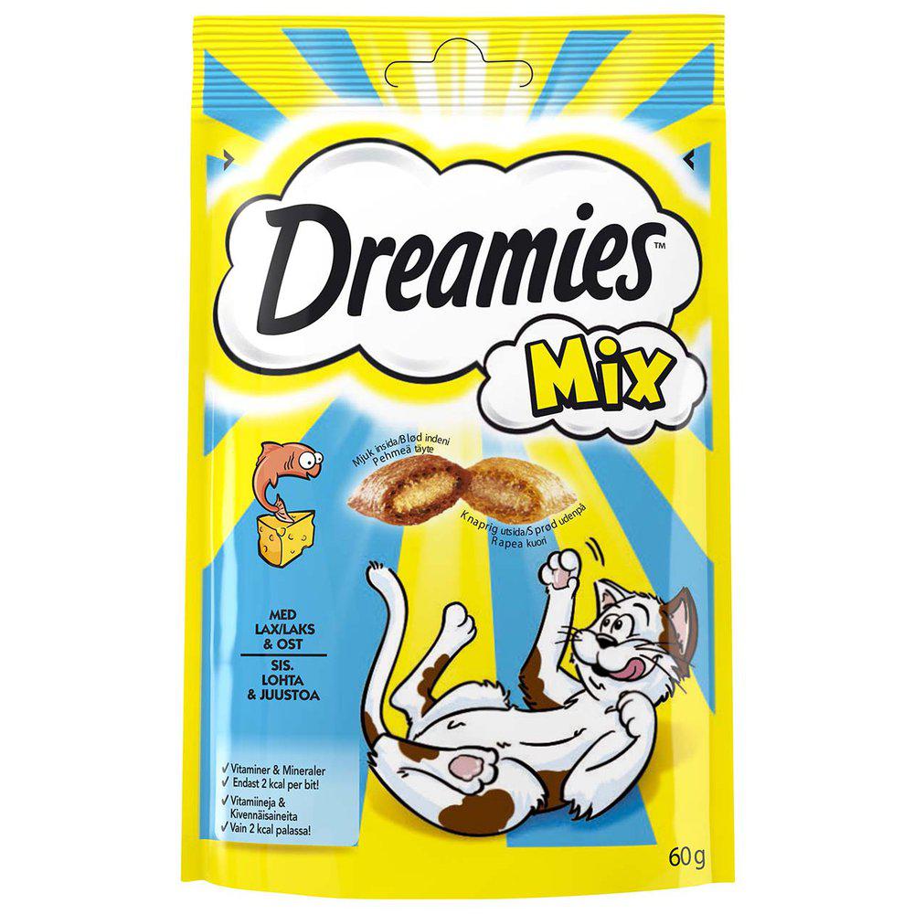 Framsidan av Dreamies Mix med smak av ost och lax!