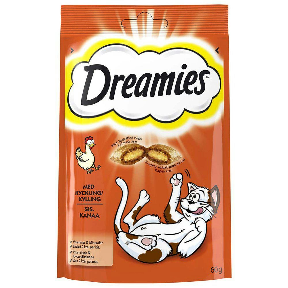 Framsidan av Dreamies med smak av kyckling. Förpackningen är orange.