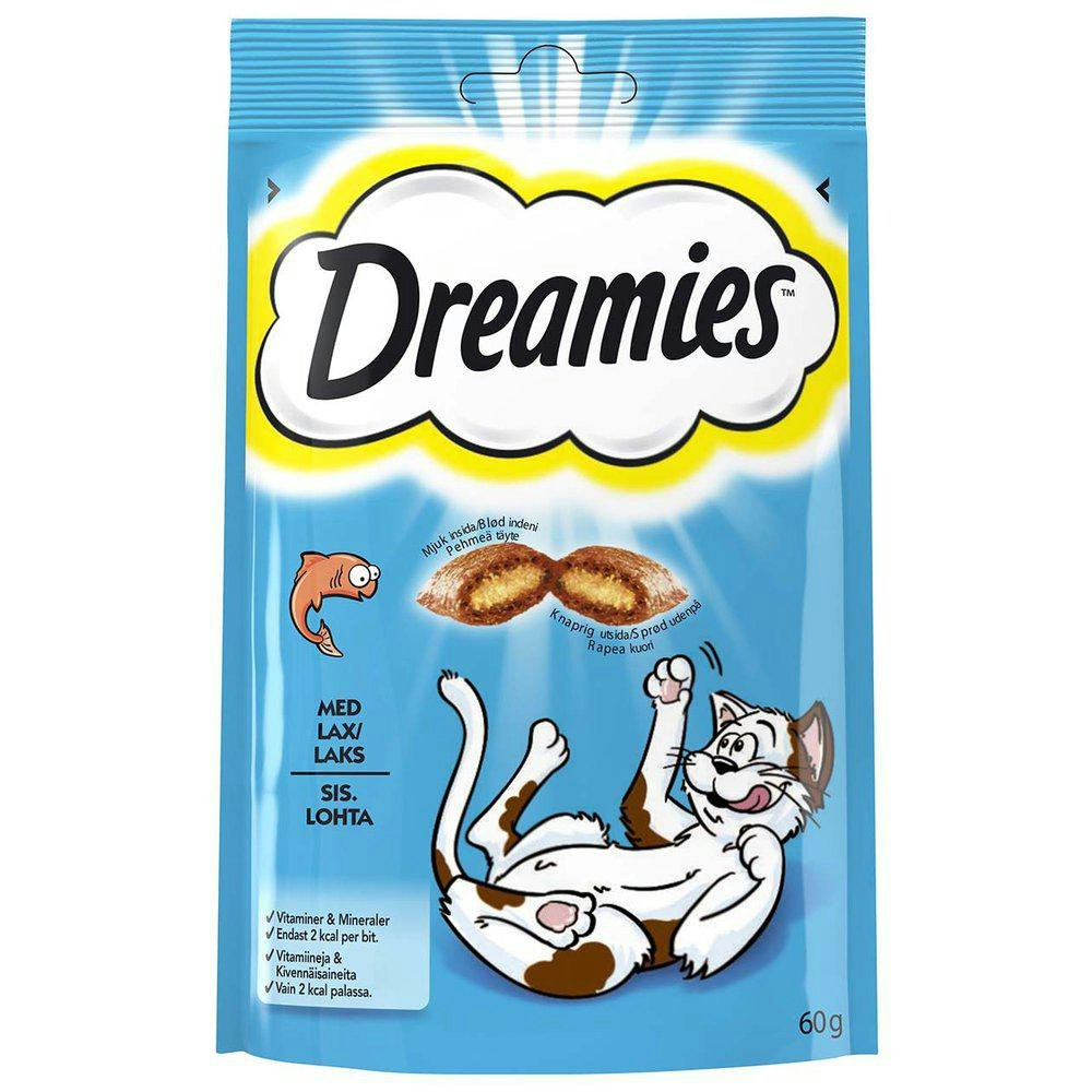 Framsidan av Dreamies med smak av lax. Ljusblå förpackning.