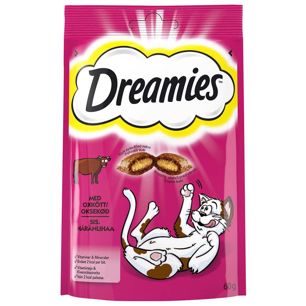 Dreamies med smak av oxkött. Kommer i en rosa förpackning.