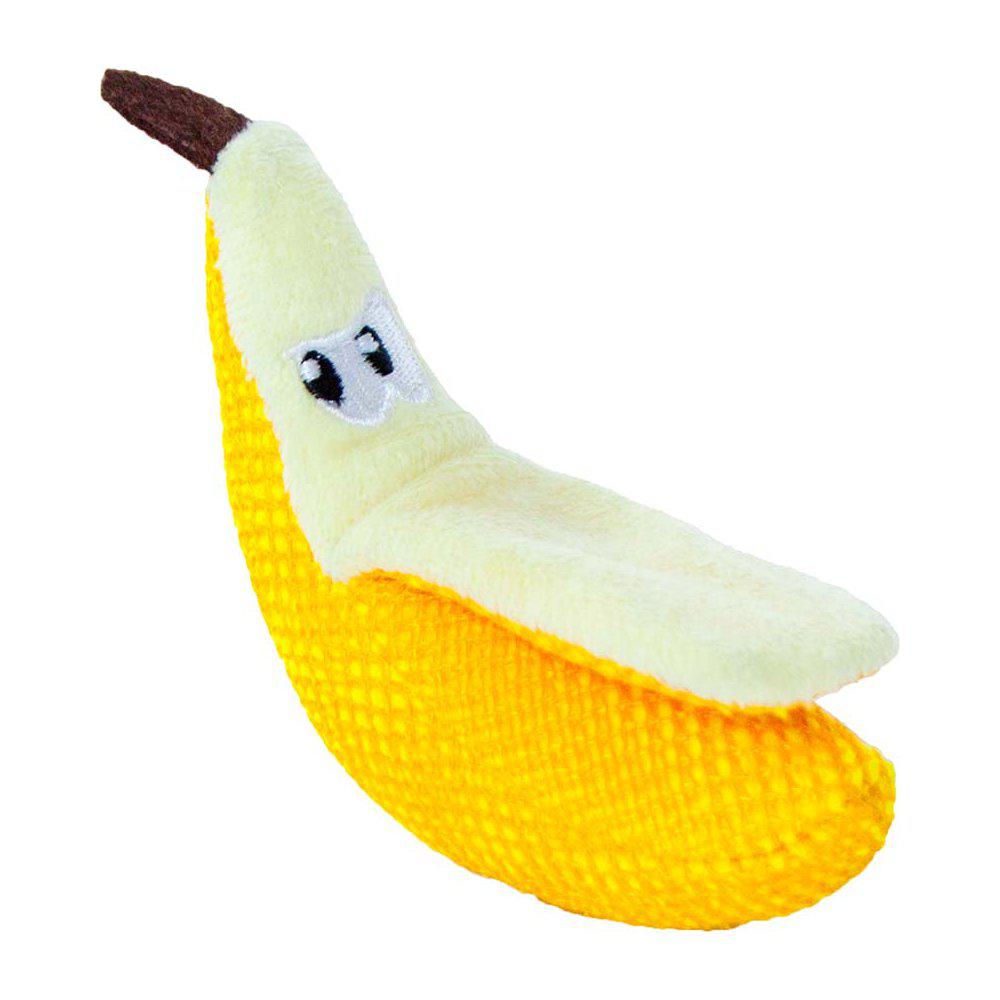 En kattleksak formad som en gul banan.