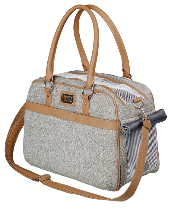En grå transportväska för katter och hundar. Elegant design som gör att väskan ser ut som en lyxig handväska av större art.