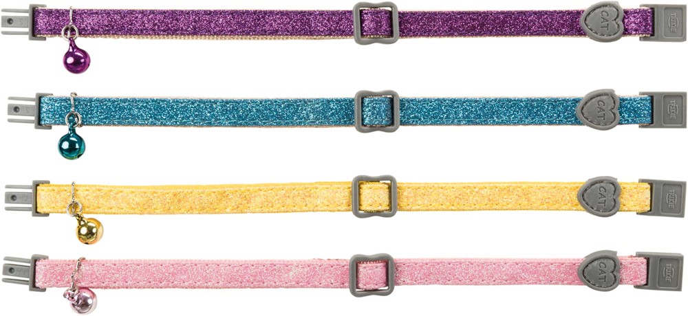 Fyra stycken glittriga katthalsband i olika färger.