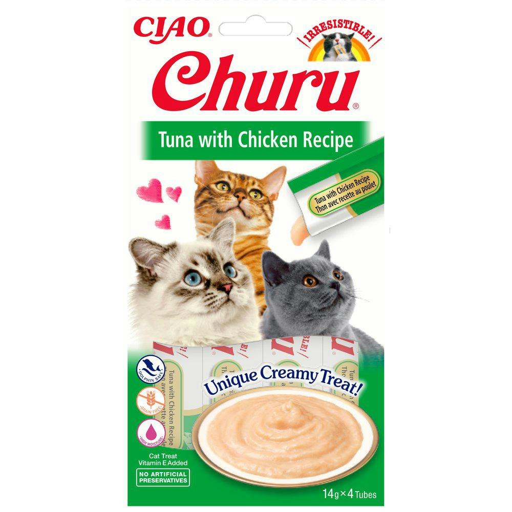 Framsidan av Churu Cat Tuna & Chicken. Förpackningen är vit och grön.
