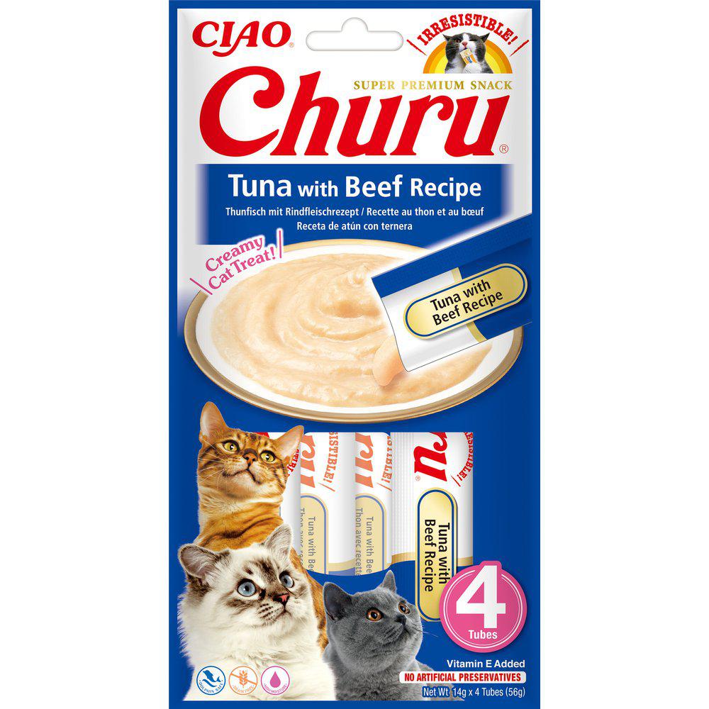 Framsidan av Churu Cat Tuna & Beef. Blå förpackning.