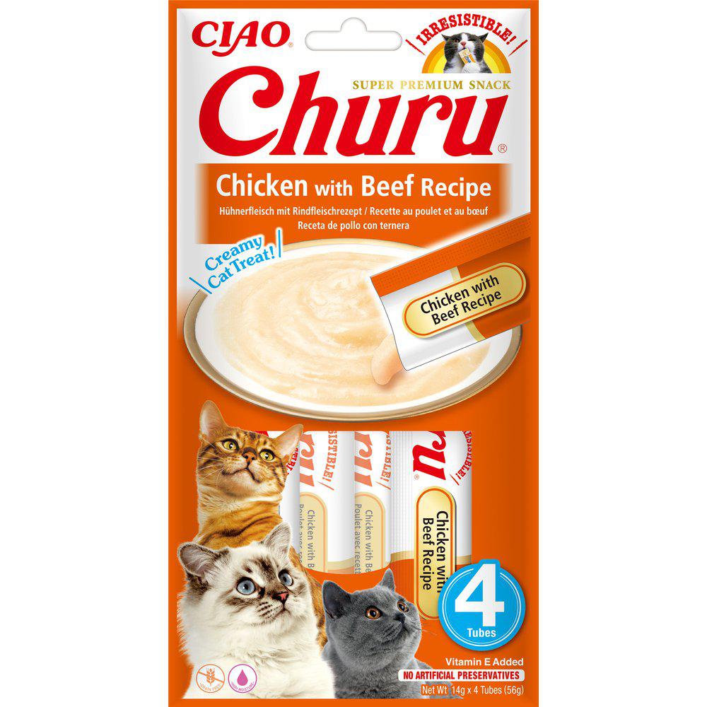 Framsidan av Churu Cat Chicken & Beef. Orange och vit förpackning.