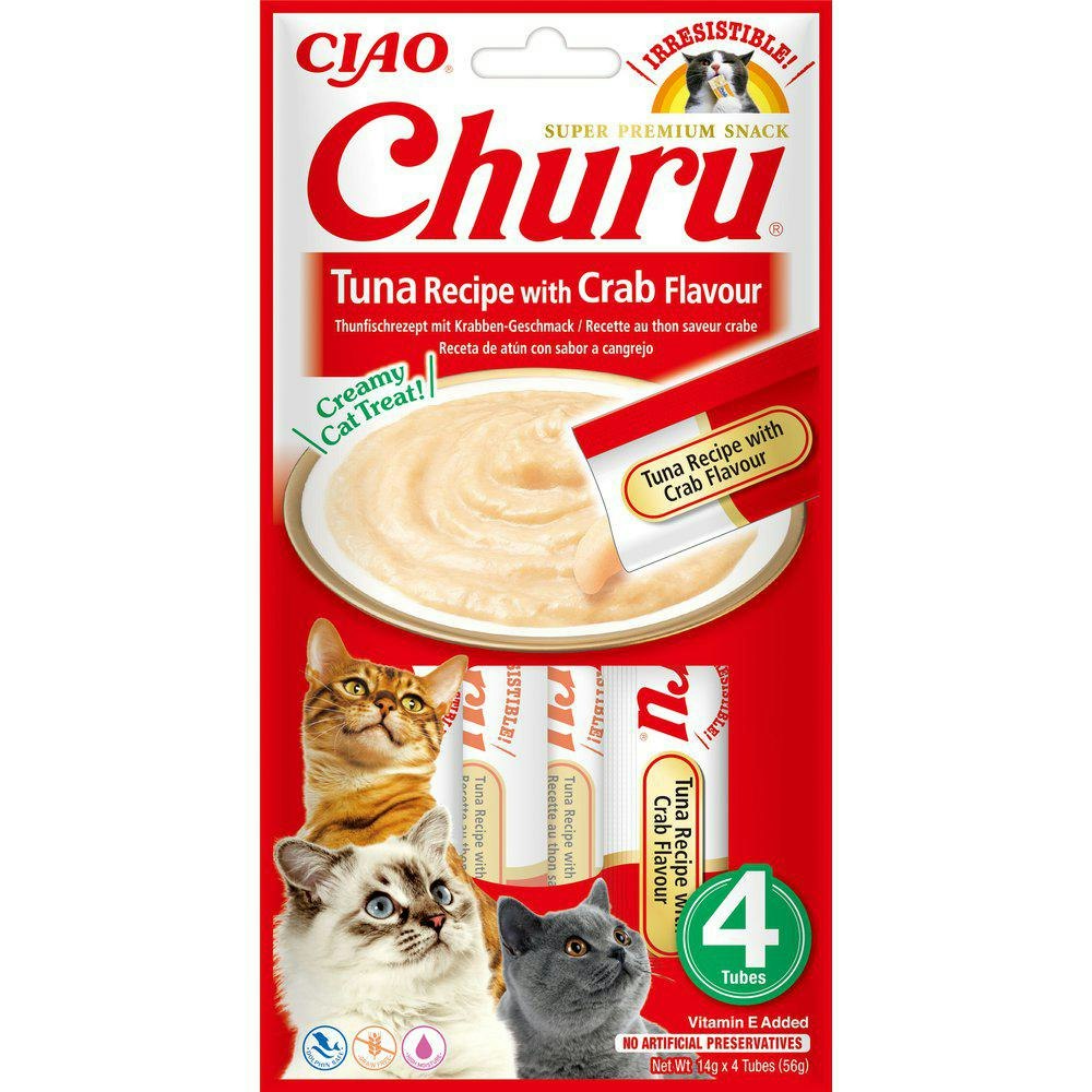 Den röda förpackningen för Churu Cat Tuna & Crab.