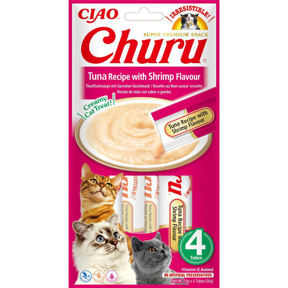 Framsidan av den rosa förpackningen för Churu Cat With Tuna & Shrimp.