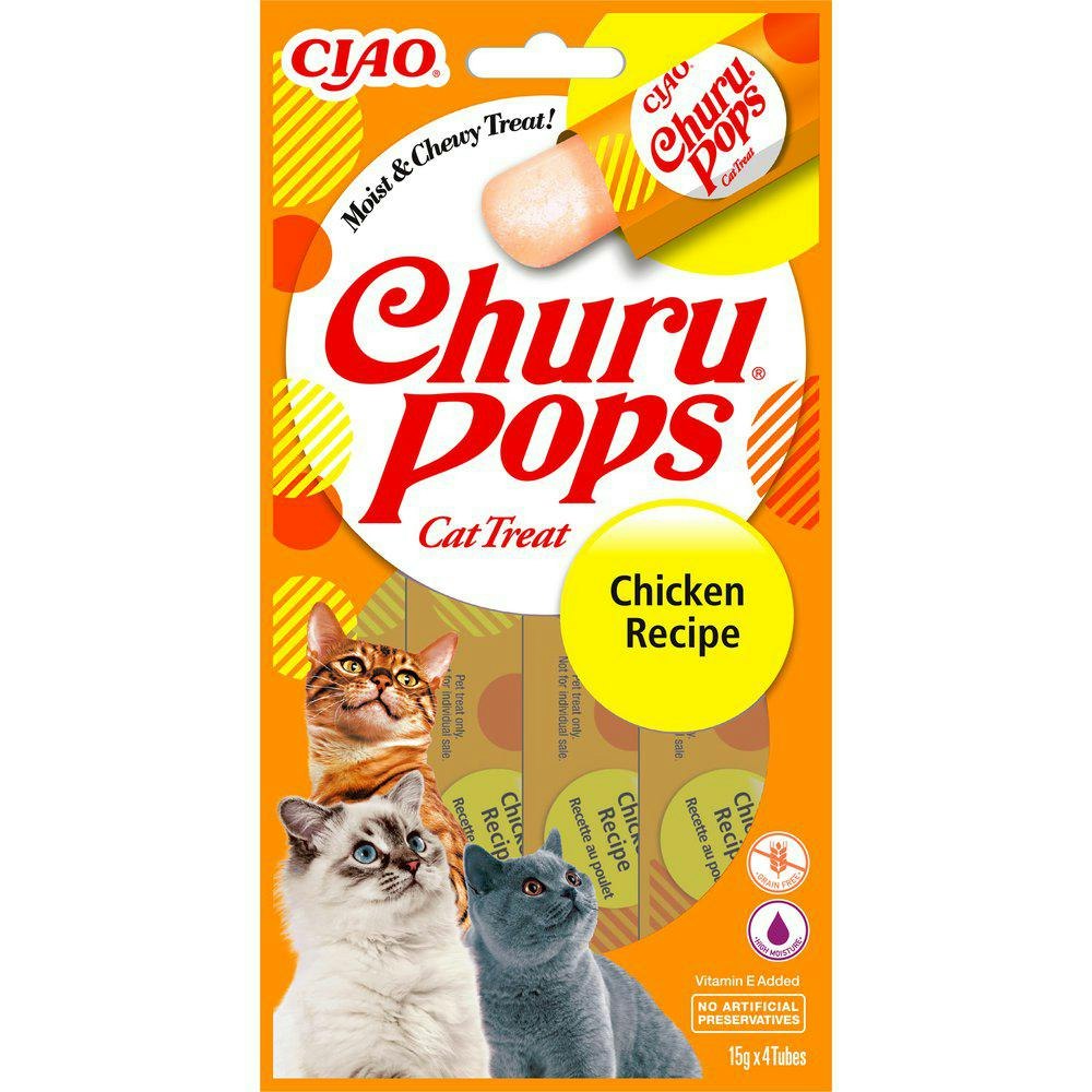 En orange och prickig förpackning med Churu Cat Pops Chicken.