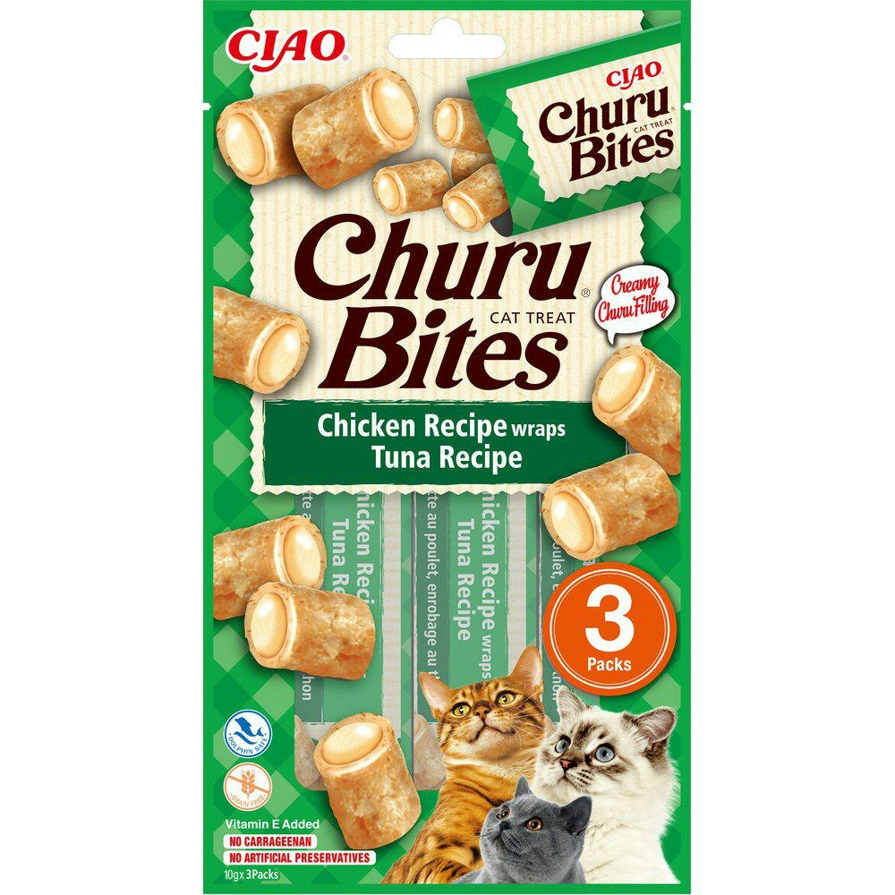 Den gröna förpackningen för Churu Cat Bites Chicken And Tuna Wrap.