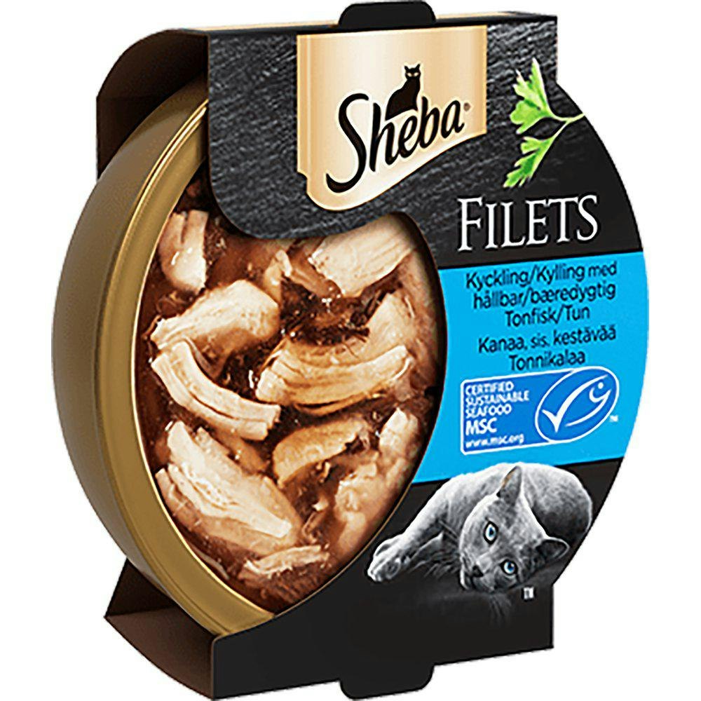 Framsidan av Sheba lyx kyckling och tonfiskfilé.