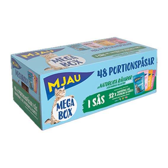 Framsidan av Mjau Megabox Kött & Fisk i Sås 48x85g.