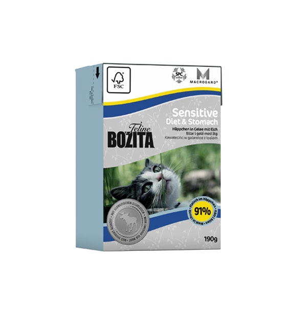 Framsidan av Bozita Feline Tetra Sensitive Diet & Stomach.