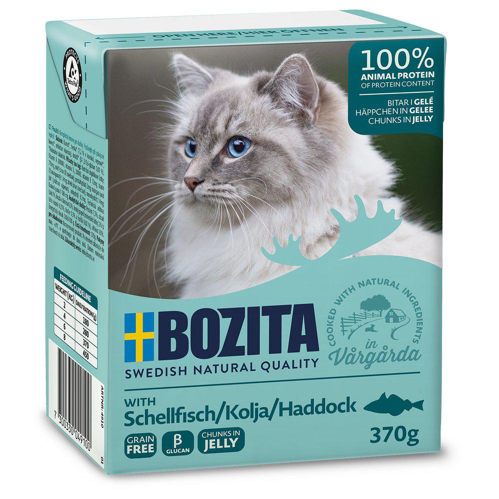 Framsidan av förpackningen för Bozita Katt Tetra Bitar i Gelé Kolja.