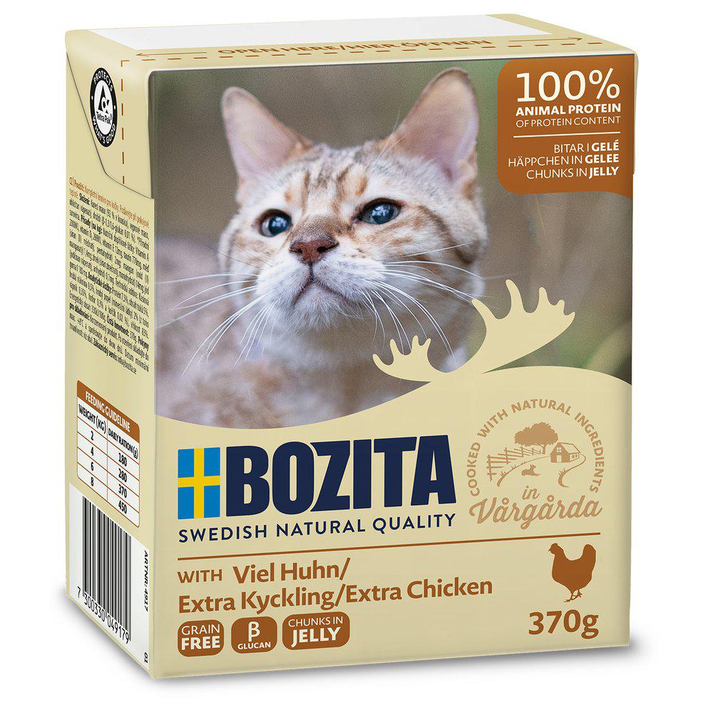 Framsidan av förpackningen för Bozita Katt Tetra Bitar i Gelé Extra Kyckling.