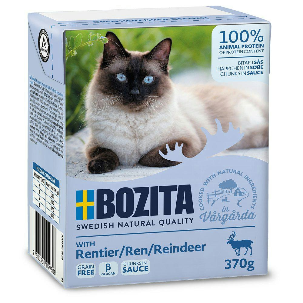 Framsidan av förpackningen för Bozita Katt Tetra Bitar i Sås Med Ren.