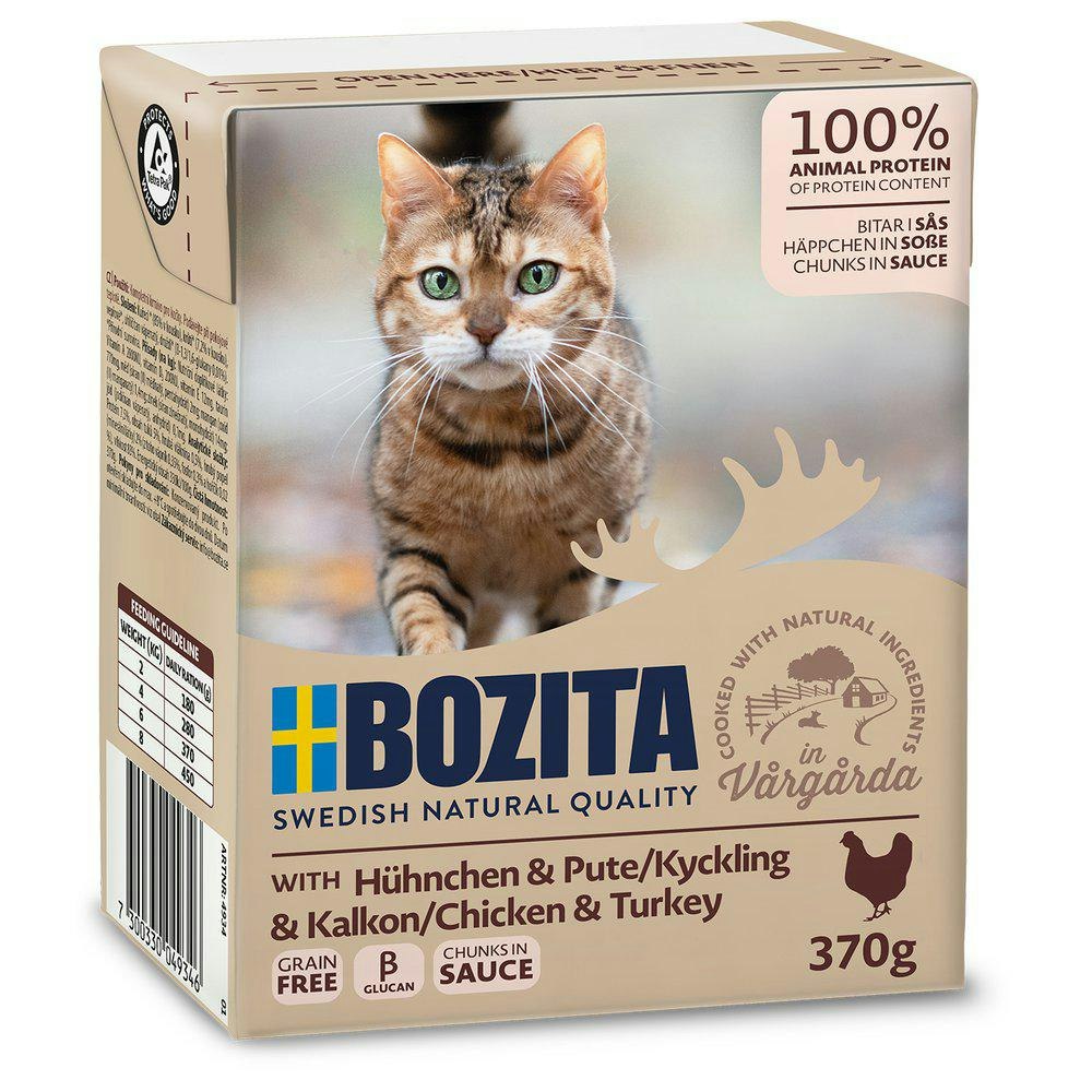 Framsidan av förpackningen för Bozita Katt Tetra Bitar i Sås Med Kyckling & Kalkon.