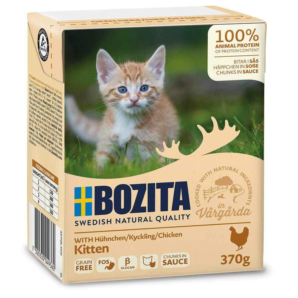 Framsidan av förpackningen för Bozita Katt Tetra Bitar i Sås Med Kyckling Kitten.