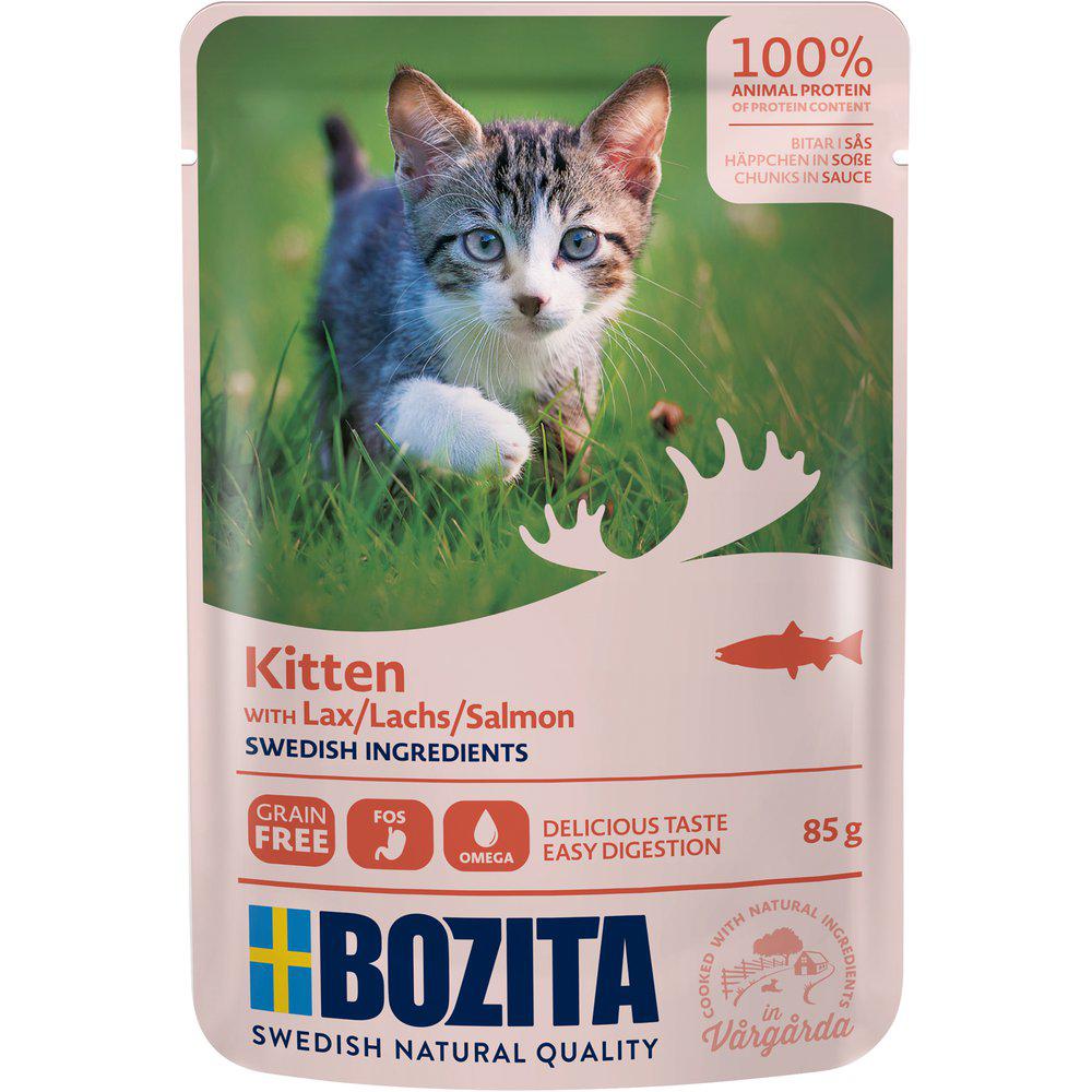 Framsidan av förpackningen för Bozita kitten Lax i Sås.