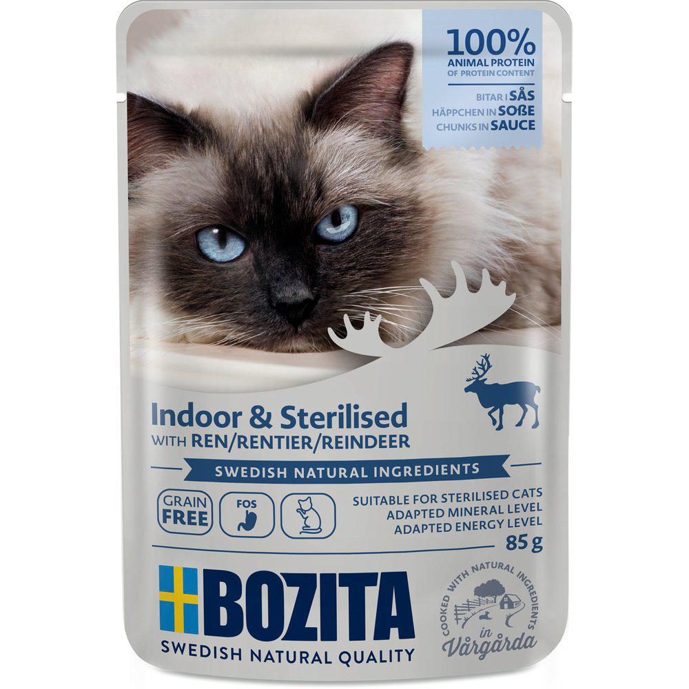 Framsidan av förpackningen för Bozita Indoor & Sterilised Ren i Sås.