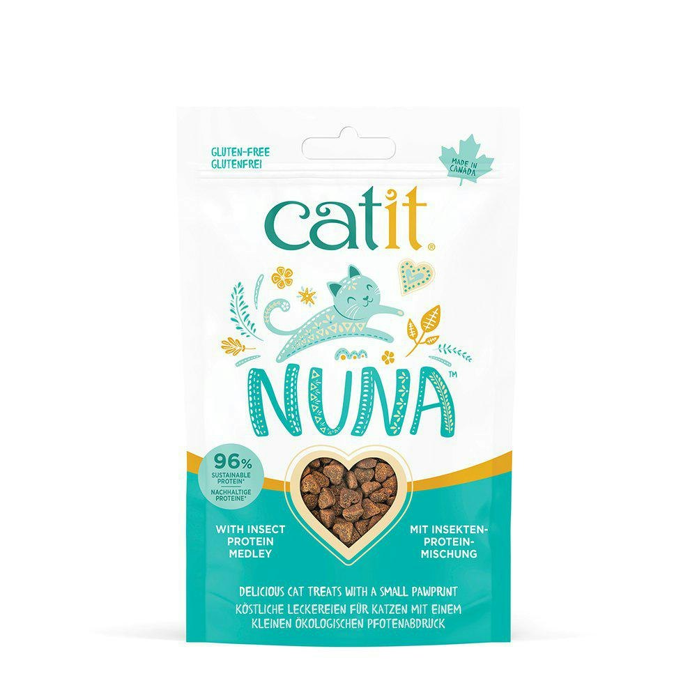 Framsidan av förpackningen för Catit Nuna Kattsnacks Mix Insektsprotein.