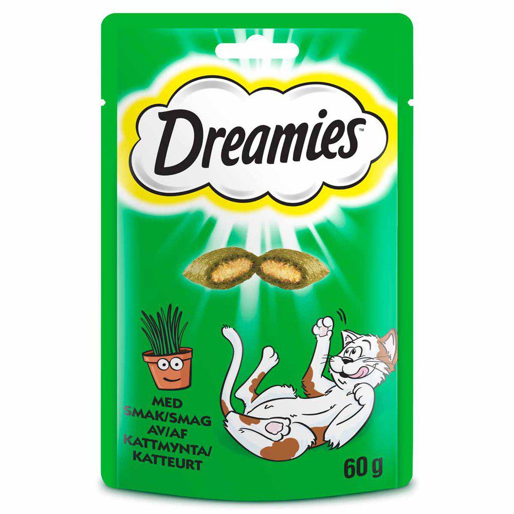 Framsidan av förpackningen för Dreamies kattgodis med kattmynta.
